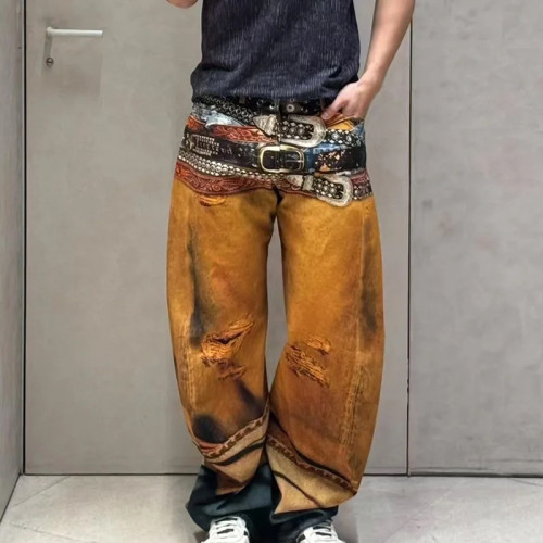 NIGO Ngvp Men's Four Seasons 3D Printed Low Rise Solid Color Loose Jeans Autonomous Label-Free Casual Pants #nigo9923