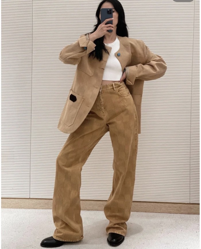 NIGO Louis Vuitton Men's Spring And Autumn Damier Collarless Cotton Lettered Jacquard Workwear Jacket Casual Solid Color Work Pants #nigo71922