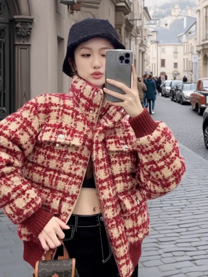 NIGO Chanel Women's Autumn And Winter Standing Collar Colorblocking Plaid Wool Vintage Puffer Down Jacket #nigo71913