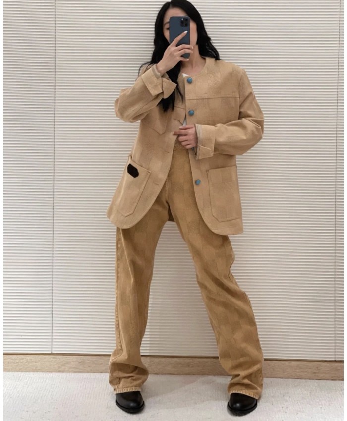 NIGO Louis Vuitton Men's Spring And Autumn Damier Collarless Cotton Lettered Jacquard Workwear Jacket Casual Solid Color Work Pants #nigo71922