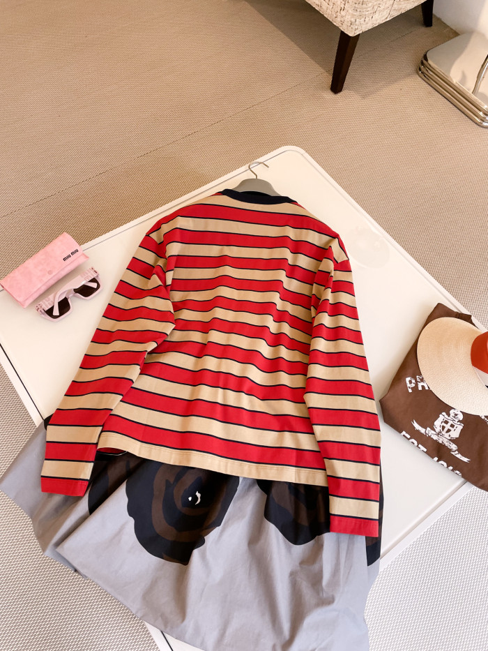 NIGO Prada Women's Spring Logo Embroidery Long Sleeve Striped Lisle Cotton Loose Solid Color T-Shirt #nigo71942