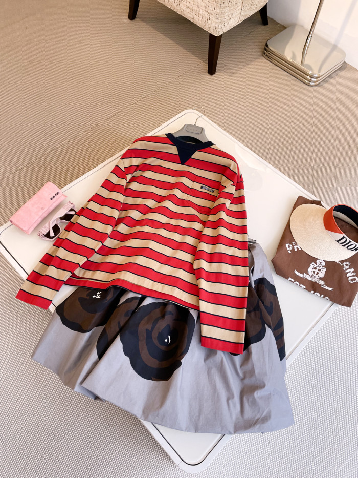 NIGO Prada Women's Spring Logo Embroidery Long Sleeve Striped Lisle Cotton Loose Solid Color T-Shirt #nigo71942