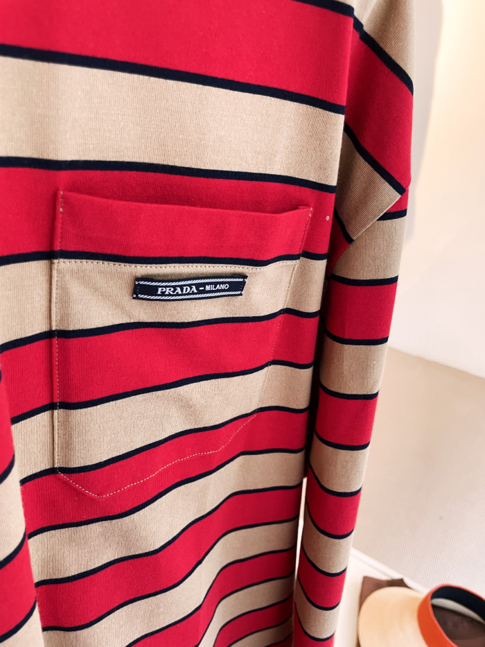 NIGO Prada Women's Spring Logo Embroidery Long Sleeve Striped Lisle Cotton Loose Solid Color T-Shirt #nigo71942