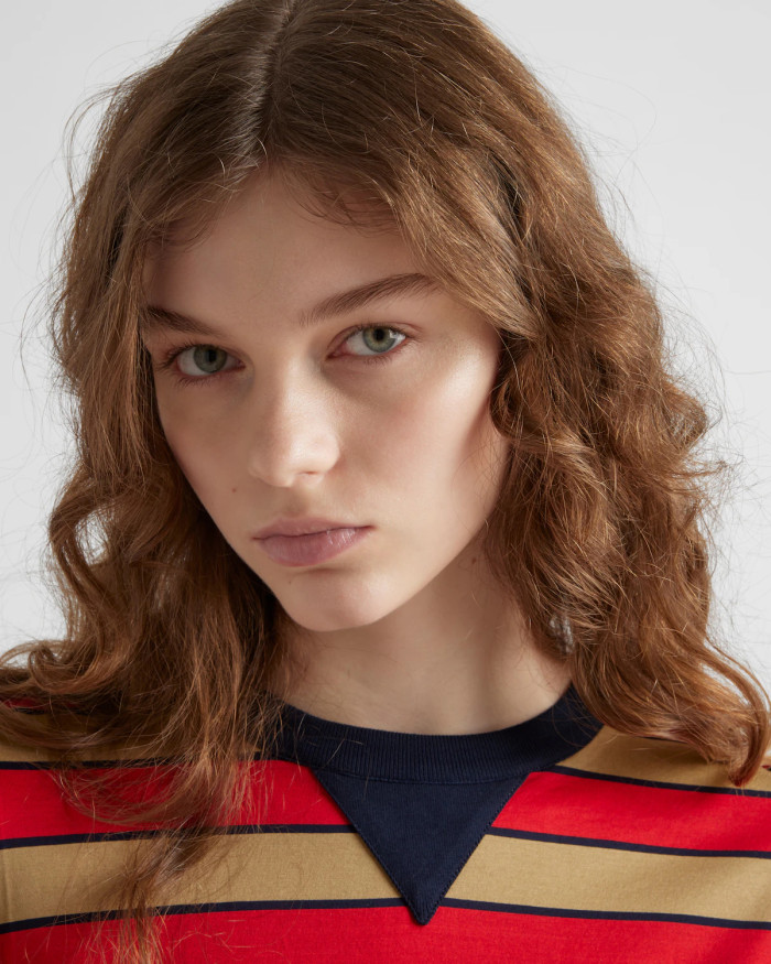 NIGO Prada Women's Spring Logo Embroidery Long Sleeve Striped Lisle Cotton Loose Solid Color T-Shirt #nigo71942