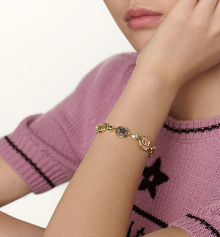 NIGO Dior D-Luck Women's Gold Multicolor Clear Resin Round Plaque Decorative Metal Bracelet Necklace Jewelry #nigo75212