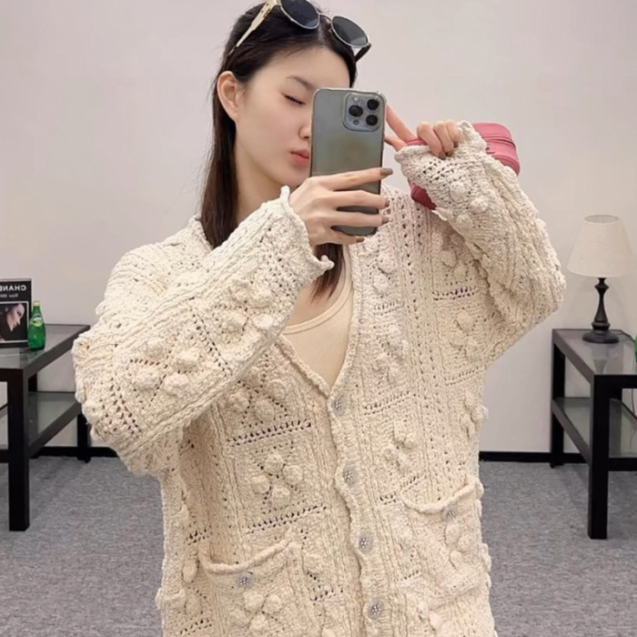 NIGO Chanel Women's Spring And Autumn Solid Color Three Dimensional Flower Hollow V-neck Long Sleeve Cotton Cardigan Ngvp #nigo9936