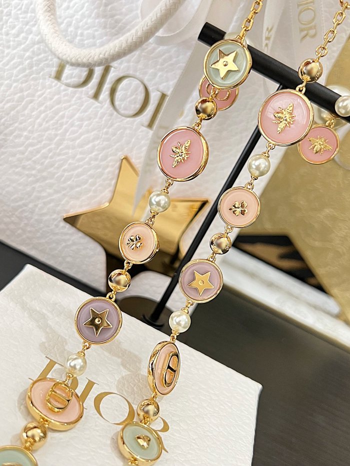 NIGO Dior D-Luck Women's Gold Multicolor Clear Resin Round Plaque Decorative Metal Bracelet Necklace Jewelry #nigo75212
