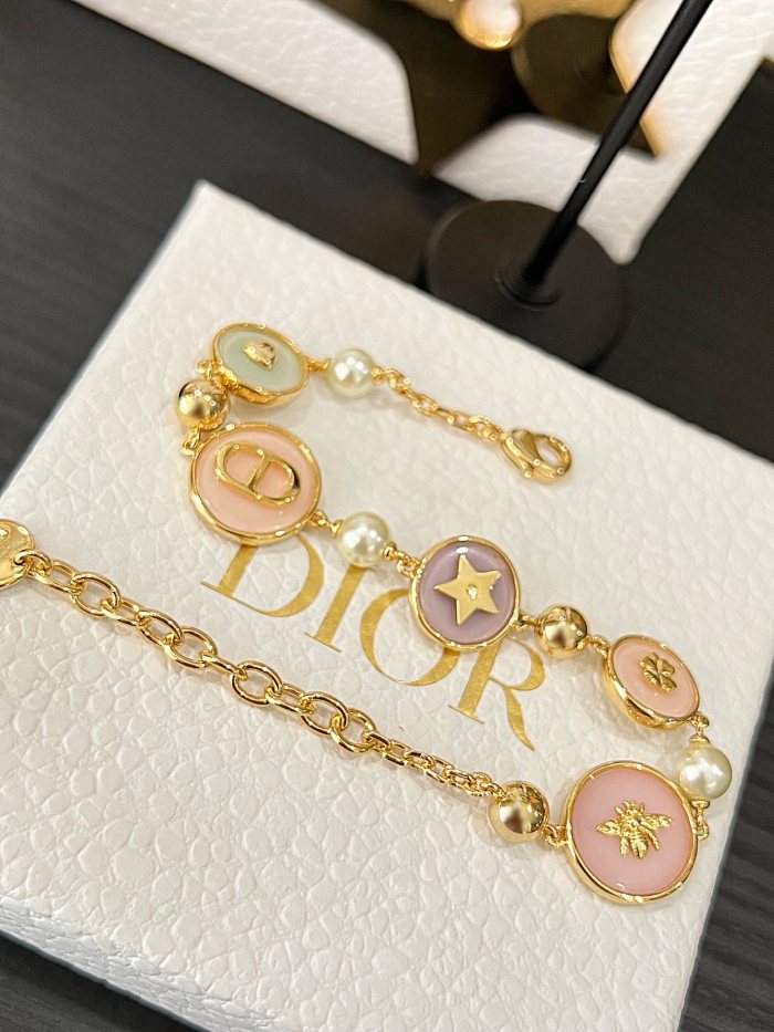 NIGO Dior D-Luck Women's Gold Multicolor Clear Resin Round Plaque Decorative Metal Bracelet Necklace Jewelry #nigo75212