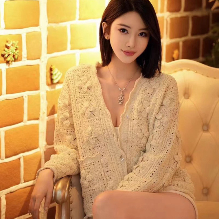 NIGO Chanel Women's Spring And Autumn Solid Color Three Dimensional Flower Hollow V-neck Long Sleeve Cotton Cardigan Ngvp #nigo9936