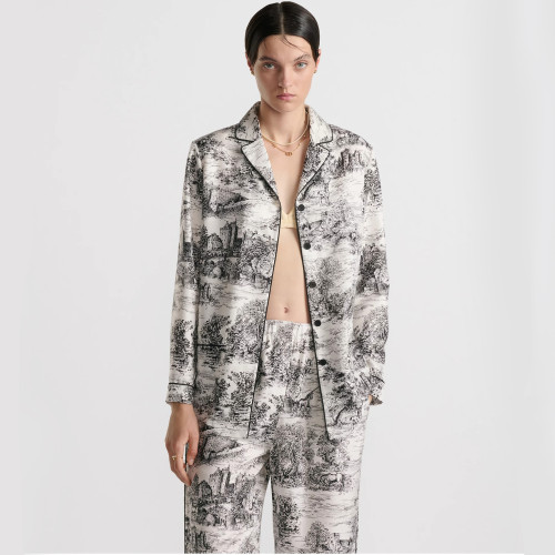 NIGO Dior Women's Reverse Garden Jungle Pattern Printed Series Set Black And White Colour Blocking Fashionable Temperament Pajamas Lapel Shirt Homewear Straight Trousers Pants Comfort Suit Set #nigo71966