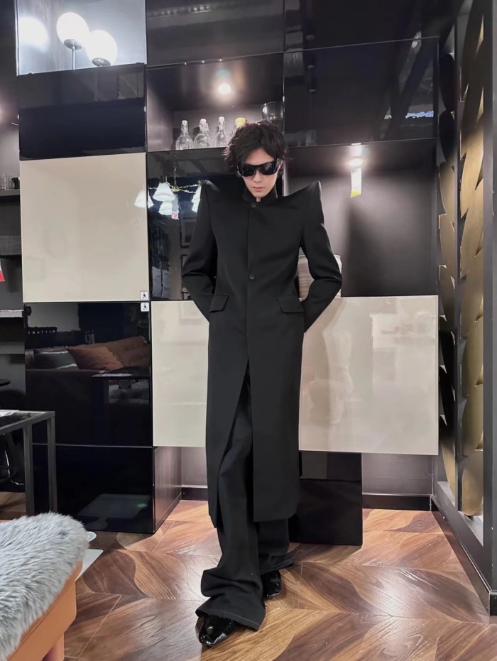 NIGO Rick Owens Men's Retro High Padded Shoulder Pointed Corner Suit Black Long Standing Lapel Fashion High Street Handsome Single Breasted Jacket #nigo71991