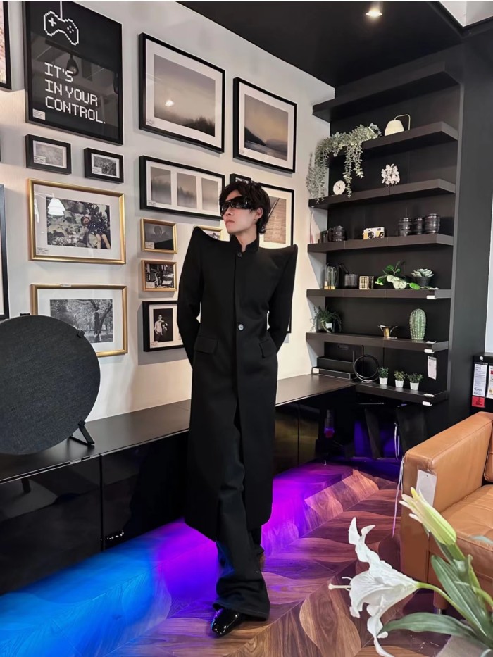 NIGO Rick Owens Men's Retro High Padded Shoulder Pointed Corner Suit Black Long Standing Lapel Fashion High Street Handsome Single Breasted Jacket #nigo71991