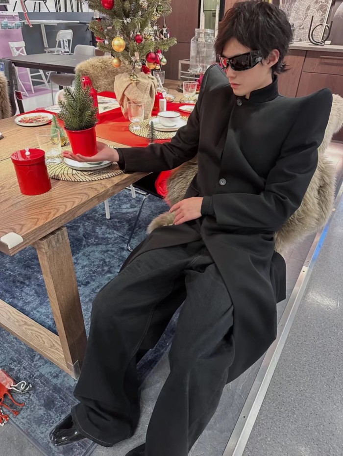 NIGO Rick Owens Men's Retro High Padded Shoulder Pointed Corner Suit Black Long Standing Lapel Fashion High Street Handsome Single Breasted Jacket #nigo71991