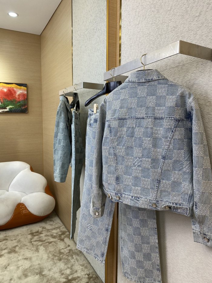 NIGO Louis Vuitton Men's Spring And Autumn Checkerboard  Print Jacquard Crystal Decoration Single Breasted Long Sleeved Denim Jacket Casual Jeans Pants Suit Set #nigo75273