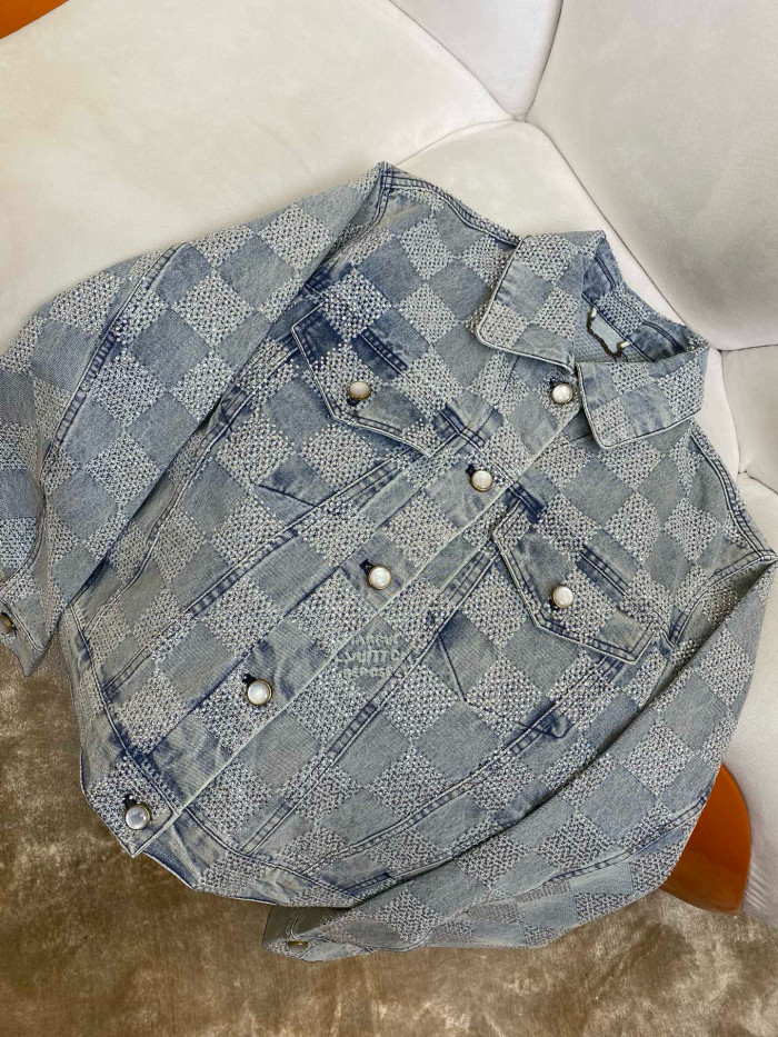 NIGO Louis Vuitton Men's Spring And Autumn Checkerboard  Print Jacquard Crystal Decoration Single Breasted Long Sleeved Denim Jacket Casual Jeans Pants Suit Set #nigo75273