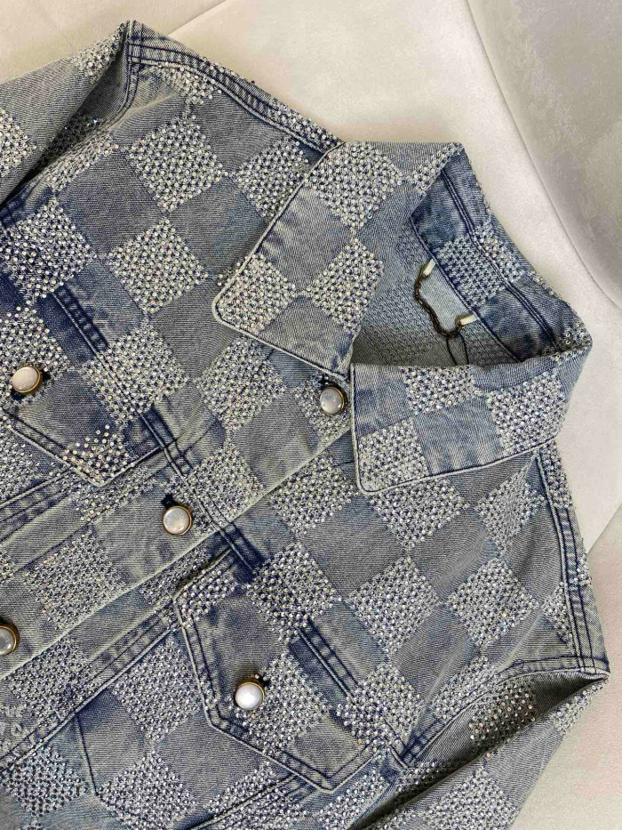 NIGO Louis Vuitton Men's Spring And Autumn Checkerboard  Print Jacquard Crystal Decoration Single Breasted Long Sleeved Denim Jacket Casual Jeans Pants Suit Set #nigo75273