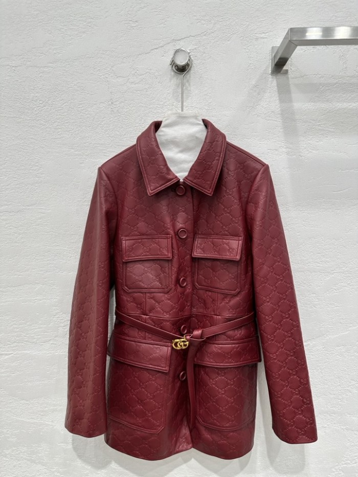NIGO Gucci Women's Autumn and Winter Solid Color Lapel Embossed Printed Leather Mid-Length Drawstring Long Sleeve Jacket Coat Zipper Casual Shorts Set Suit #nigo75286