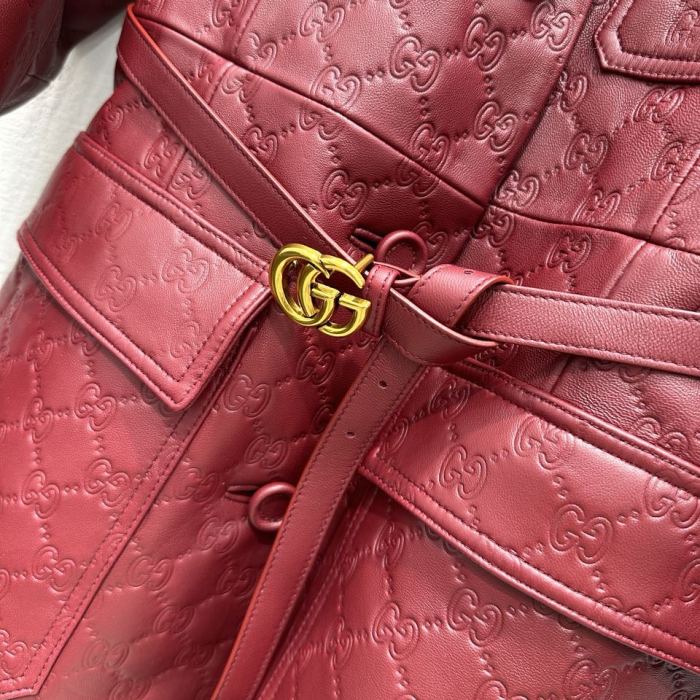 NIGO Gucci Women's Autumn and Winter Solid Color Lapel Embossed Printed Leather Mid-Length Drawstring Long Sleeve Jacket Coat Zipper Casual Shorts Set Suit #nigo75286