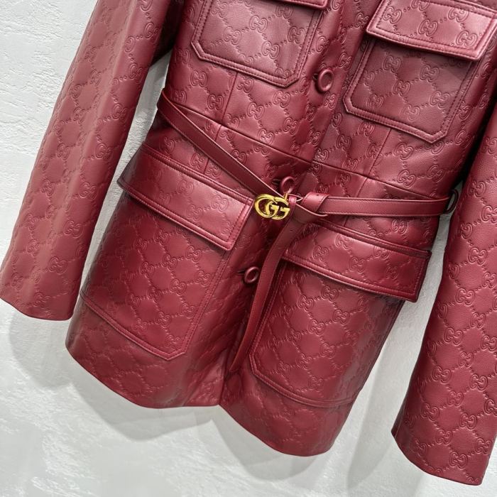 NIGO Gucci Women's Autumn and Winter Solid Color Lapel Embossed Printed Leather Mid-Length Drawstring Long Sleeve Jacket Coat Zipper Casual Shorts Set Suit #nigo75286