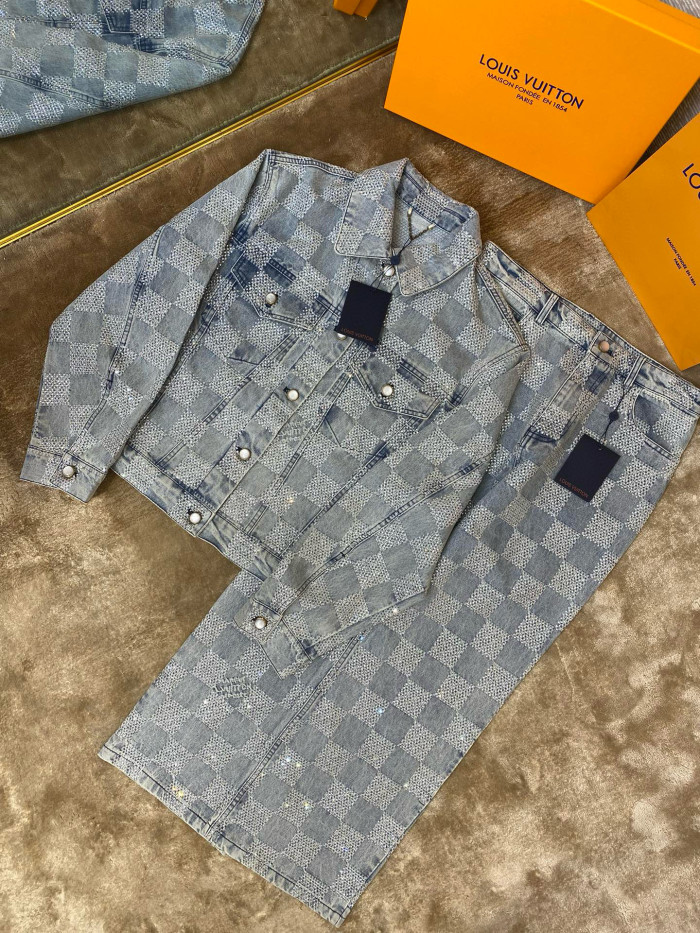 NIGO Louis Vuitton Men's Spring And Autumn Checkerboard  Print Jacquard Crystal Decoration Single Breasted Long Sleeved Denim Jacket Casual Jeans Pants Suit Set #nigo75273