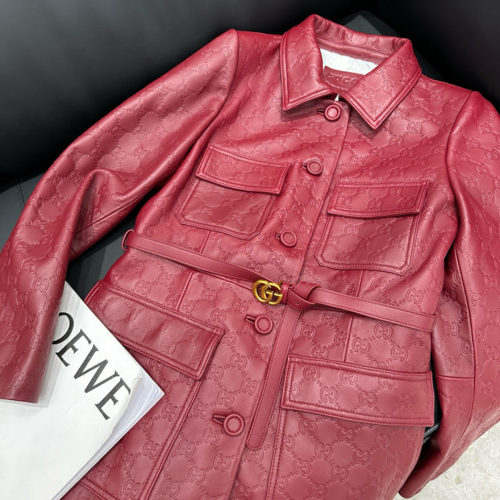 NIGO Gucci Women's Autumn and Winter Solid Color Lapel Embossed Printed Leather Mid-Length Drawstring Long Sleeve Jacket Coat Zipper Casual Shorts Set Suit #nigo75286