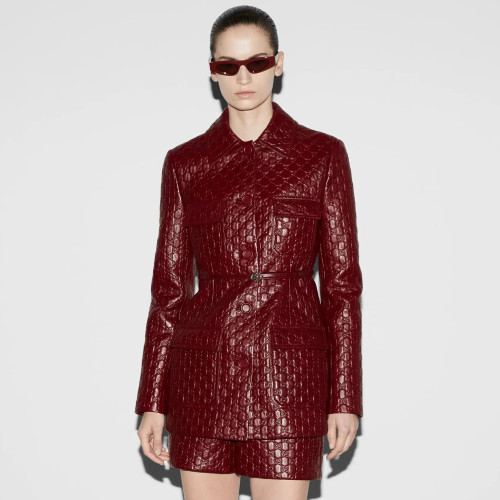 NIGO Gucci Women's Autumn and Winter Solid Color Lapel Embossed Printed Leather Mid-Length Drawstring Long Sleeve Jacket Coat Zipper Casual Shorts Set Suit #nigo75286