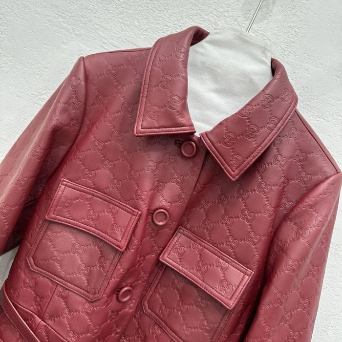 NIGO Gucci Women's Autumn and Winter Solid Color Lapel Embossed Printed Leather Mid-Length Drawstring Long Sleeve Jacket Coat Zipper Casual Shorts Set Suit #nigo75286