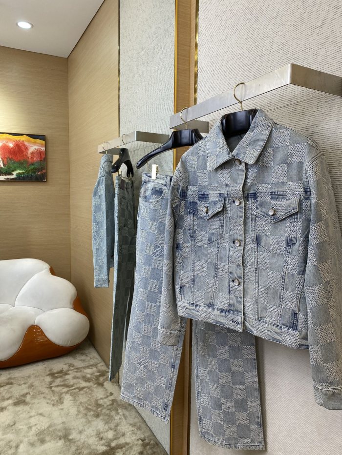 NIGO Louis Vuitton Men's Spring And Autumn Checkerboard  Print Jacquard Crystal Decoration Single Breasted Long Sleeved Denim Jacket Casual Jeans Pants Suit Set #nigo75273