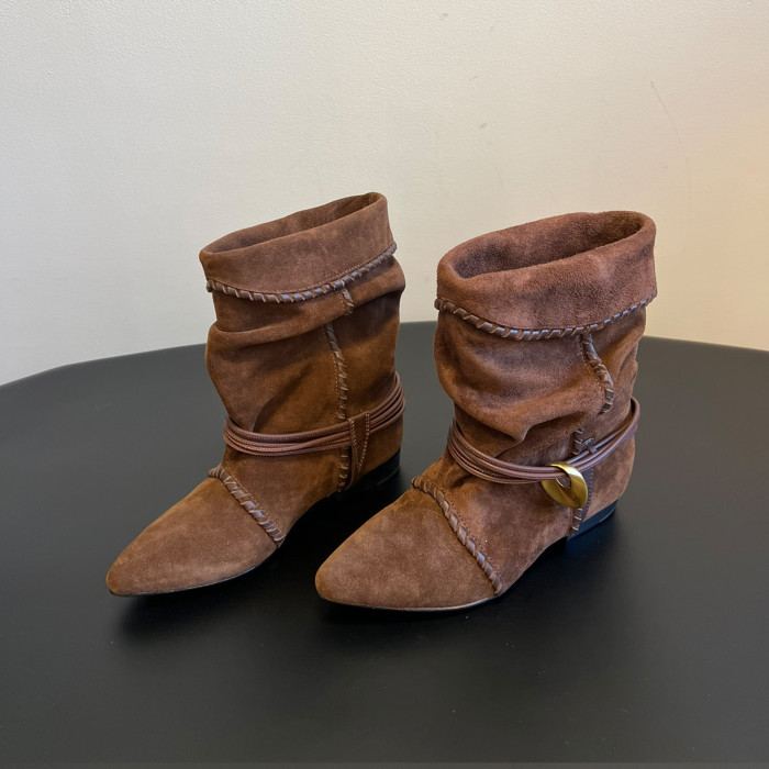 NIGO Isabel Marant Women's Fashion Trend Pleated Suede Temperament Short Boots Spring Summer Pointed Toe Leather Knight Boots Shoes #nigo81111