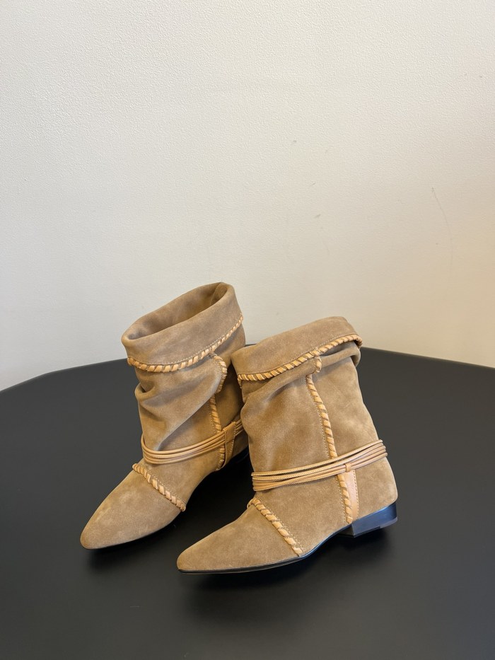 NIGO Isabel Marant Women's Fashion Trend Pleated Suede Temperament Short Boots Spring Summer Pointed Toe Leather Knight Boots Shoes #nigo81111