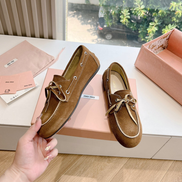 NIGO MiuMiu Women's Spring Summer Bow Suede Loafers Driving Shoes Brown Fashion Comfortable Women's Shoes #nigo81112