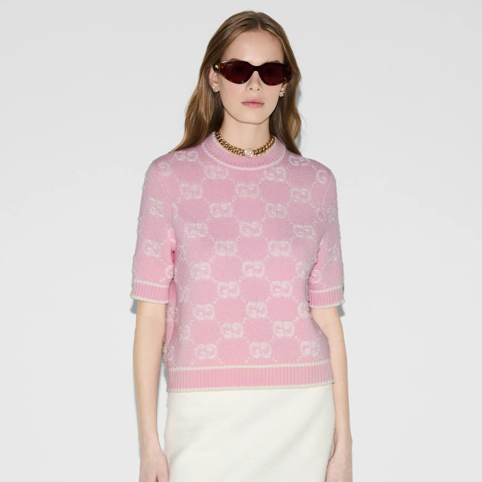 NIGO Gucci Spring Women's Pink Logo Applique Round Neck Short Sleeve Knit T-Shirt #nigo75325