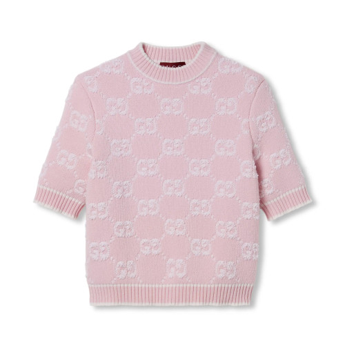 NIGO Gucci Spring Women's Pink Logo Applique Round Neck Short Sleeve Knit T-Shirt #nigo75325