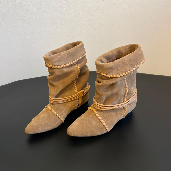 NIGO Isabel Marant Women's Fashion Trend Pleated Suede Temperament Short Boots Spring Summer Pointed Toe Leather Knight Boots Shoes #nigo81111