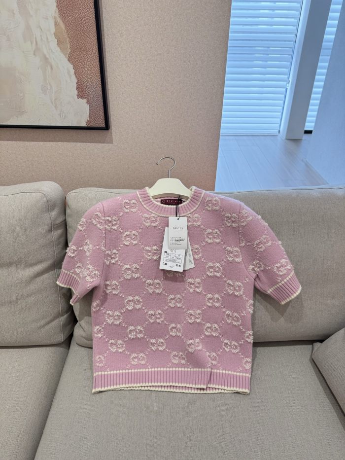 NIGO Gucci Spring Women's Pink Logo Applique Round Neck Short Sleeve Knit T-Shirt #nigo75325