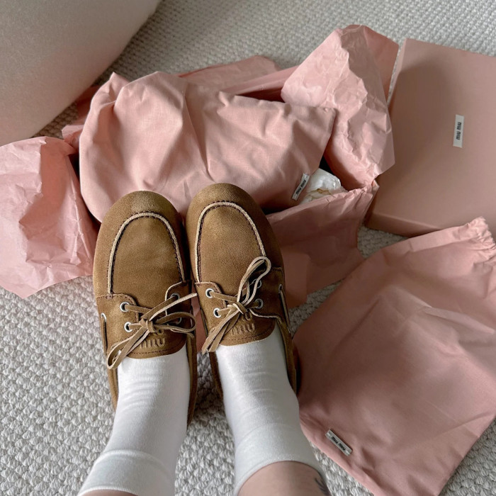 NIGO MiuMiu Women's Spring Summer Bow Suede Loafers Driving Shoes Brown Fashion Comfortable Women's Shoes #nigo81112