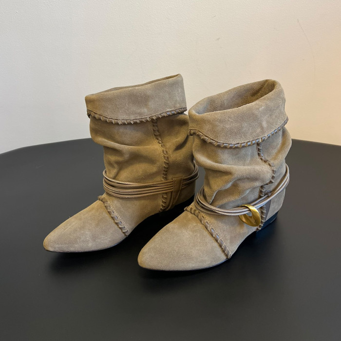 NIGO Isabel Marant Women's Fashion Trend Pleated Suede Temperament Short Boots Spring Summer Pointed Toe Leather Knight Boots Shoes #nigo81111