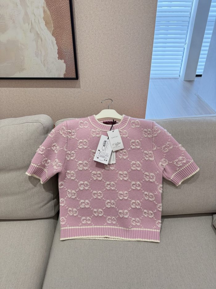NIGO Gucci Spring Women's Pink Logo Applique Round Neck Short Sleeve Knit T-Shirt #nigo75325