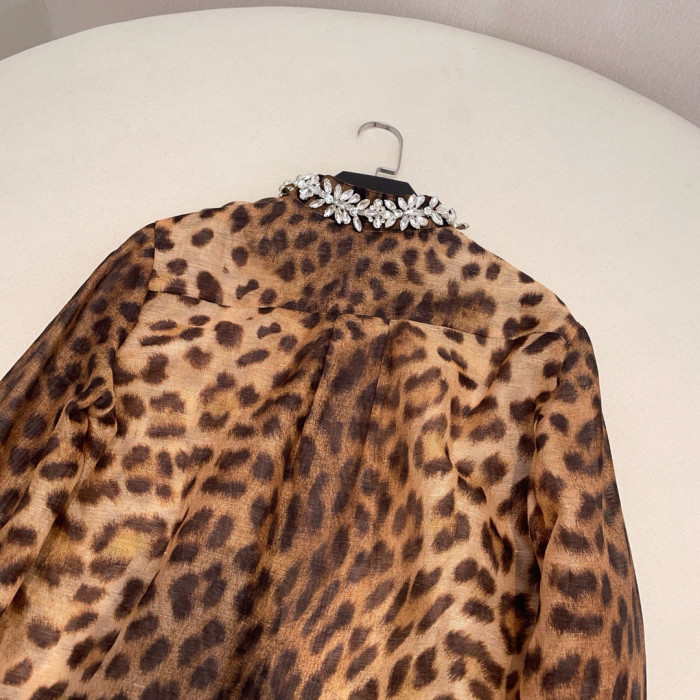 NIGO Zimmermann Women's Spring And Autumn Leopard Printed Studded Diamonds Round Collar Solid Color Linen Silk Long Sleeve Shirt Ngvp #nigo9964