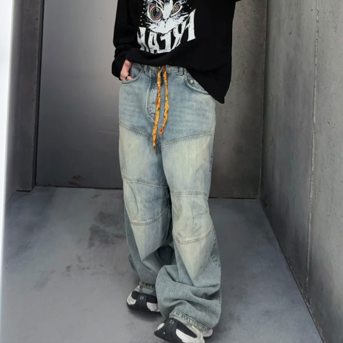 NIGO Balenciaga BAGGY Men's Spring/summer Scenic Webbing Contour Deconstructed Straight Leg Pants Denim Trend Old Wide Leg Pants Ngvp #nigo9973