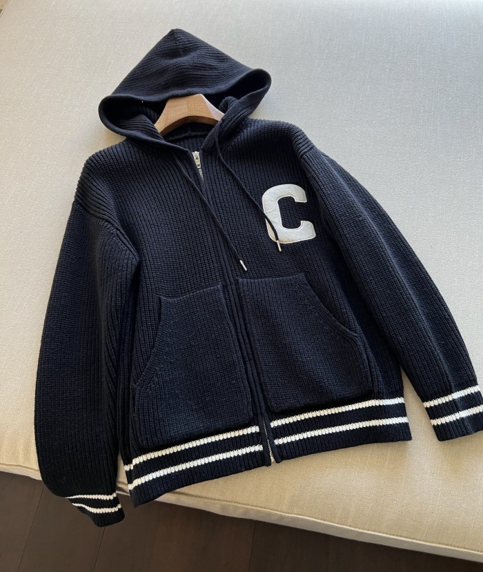 NIGO Celine Men's Spring and Autumn Solid Color Knit Hooded Drawstring Zipper Long Sleeve Jacket #nigo75345