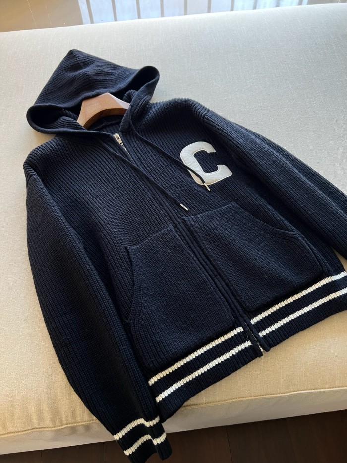 NIGO Celine Men's Spring and Autumn Solid Color Knit Hooded Drawstring Zipper Long Sleeve Jacket #nigo75345