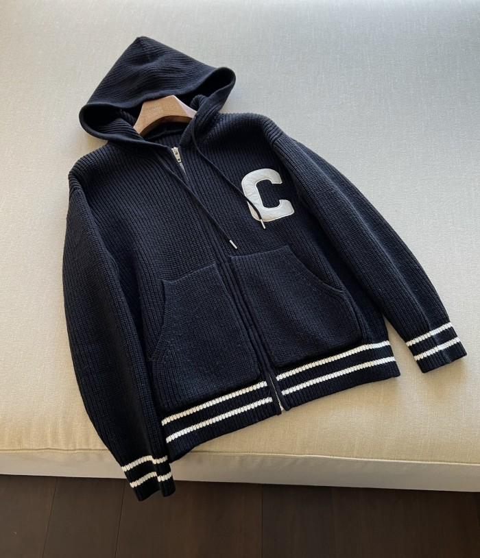 NIGO Celine Men's Spring and Autumn Solid Color Knit Hooded Drawstring Zipper Long Sleeve Jacket #nigo75345