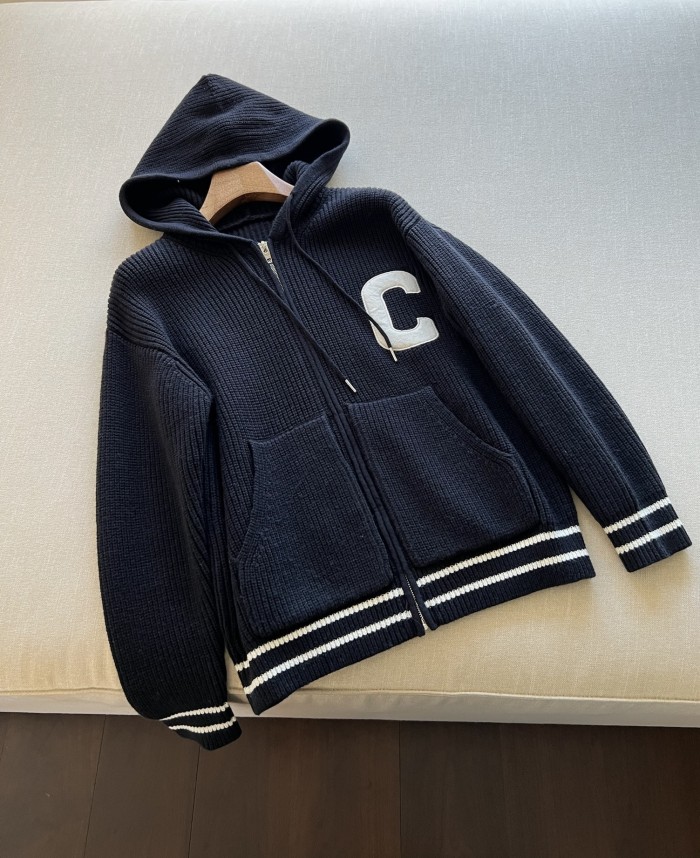 NIGO Celine Men's Spring and Autumn Solid Color Knit Hooded Drawstring Zipper Long Sleeve Jacket #nigo75345