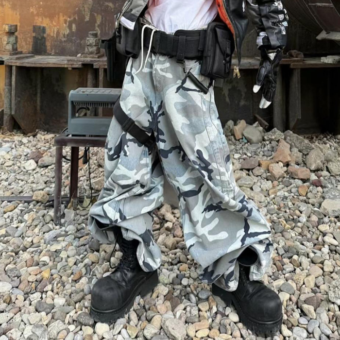 NIGO Vetements Men's Snow Camouflage Blue Baggy Jeans Loose Casual Denim Pants High Street Fashion Trend Design Trousers  Ngvp #nigo9989