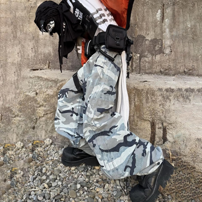 NIGO Vetements Men's Snow Camouflage Blue Baggy Jeans Loose Casual Denim Pants High Street Fashion Trend Design Trousers  Ngvp #nigo9989