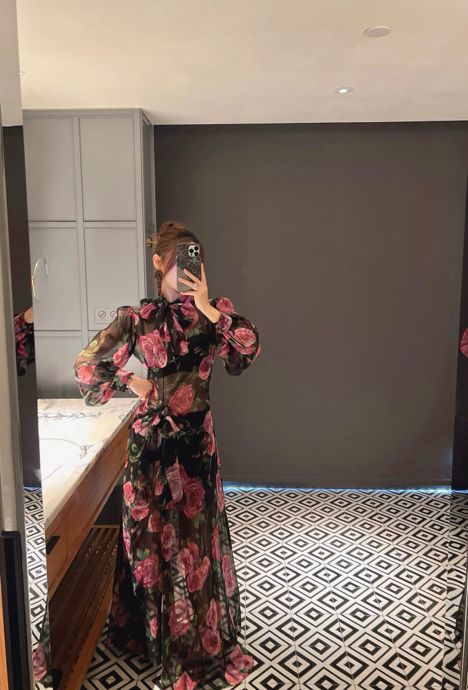NIGO Dolce&Gabbana Women's Summer Floral Printed Half High Neck Tie Mid-Length Silk Long Sleeve Dresses Ngvp #nigo9996