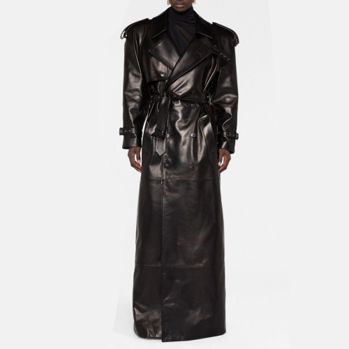 NIGO SAINT LAURENT Women's Ultra-long Leather Jacket Temperament Fashionable And Elegant Luxury Belt Trench Coat Spring And Fall Lapel Long-sleeved Loose Jacket Ngvp #nigo9999