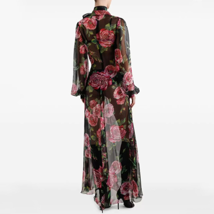 NIGO Dolce&Gabbana Women's Summer Floral Printed Half High Neck Tie Mid-Length Silk Long Sleeve Dresses Ngvp #nigo9996