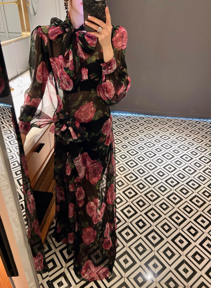 NIGO Dolce&Gabbana Women's Summer Floral Printed Half High Neck Tie Mid-Length Silk Long Sleeve Dresses Ngvp #nigo9996